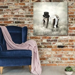 «Свадьба слонов» в интерьере в стиле лофт с кирпичной стеной и синим креслом