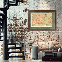 «Карта Константинополя, конец 19 в.» в интерьере двухярусной гостиной в стиле лофт с кирпичной стеной