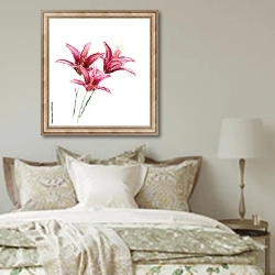 «Три красных лилии на белом» в интерьере спальни в стиле прованс над кроватью