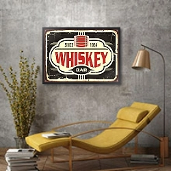 «Виски бар, винтажная вывеска» в интерьере в стиле лофт с желтым креслом