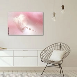 «Белое перо с каплями росы на розовом фоне» в интерьере белой комнаты в скандинавском стиле над комодом