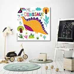 «Иллюстрация с забавным динозавром и цветком 3» в интерьере детской комнаты для мальчика с самокатом