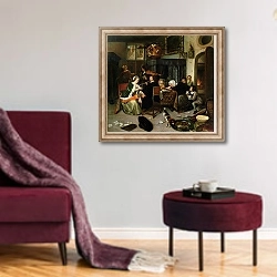 «The Dissolute Household, 1668» в интерьере гостиной в бордовых тонах