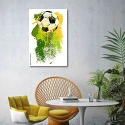 «Футбольный мяч в брызгах краски» в интерьере современной гостиной с желтым креслом