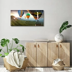 «Красочные воздушные шары, летящие над горами» в интерьере современной комнаты над комодом