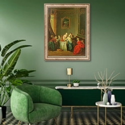 «The Toilet: Young woman at her Dressing Table» в интерьере гостиной в зеленых тонах