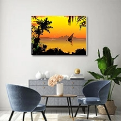 «Силуэты пальм на фоне океана» в интерьере современной гостиной над комодом