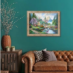 «Церковь в лесу» в интерьере гостиной с зеленой стеной над диваном