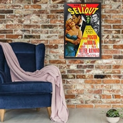 «Film Noir Poster - Sellout, The» в интерьере в стиле лофт с кирпичной стеной и синим креслом