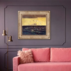 «Поклонение Солнцу» в интерьере гостиной с розовым диваном