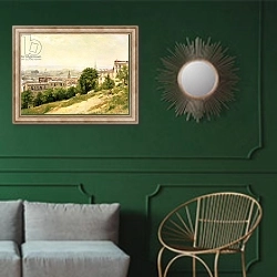«View of Paris» в интерьере классической гостиной с зеленой стеной над диваном