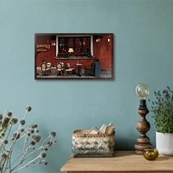 «Столики уличного кафе у красной стены» в интерьере в стиле ретро с бирюзовыми стенами