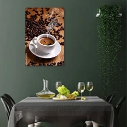 «Дымящийся эспрессо в белой чашке» в интерьере столовой в зеленых тонах