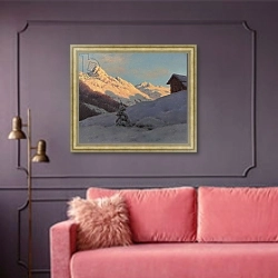 «Peaks in the Engadine» в интерьере гостиной с розовым диваном