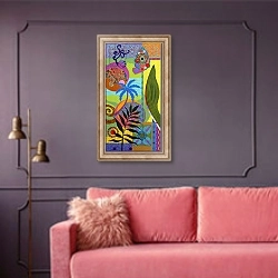 «Blue Palm» в интерьере гостиной с розовым диваном