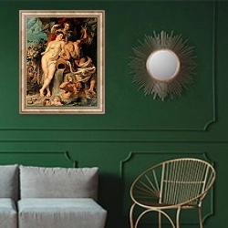 «Союз Земли и Воды» в интерьере классической гостиной с зеленой стеной над диваном