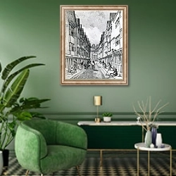 «Winchester Street, London Wall, published 1814» в интерьере гостиной в зеленых тонах