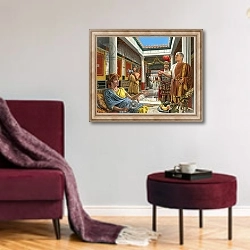 «Life in Pompei» в интерьере гостиной в бордовых тонах