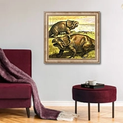 «Protoceratops, illustration from 'In the Days of the Dinosaurs, Discovery in the Desert', 1980» в интерьере гостиной в бордовых тонах