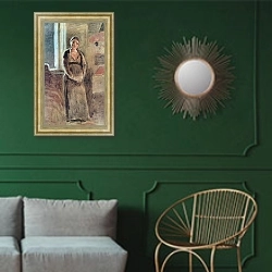 «Перед постригом» в интерьере классической гостиной с зеленой стеной над диваном