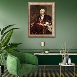 «Portrait of Louis Galloche 1734» в интерьере гостиной в зеленых тонах