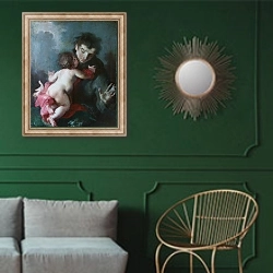 «Святой Энтони из Падуи с младенцем» в интерьере классической гостиной с зеленой стеной над диваном