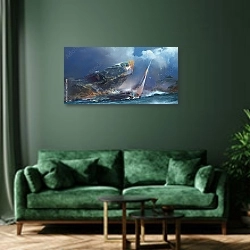«Цифровой морской пейзаж, буря и яхта» в интерьере стильной зеленой гостиной над диваном