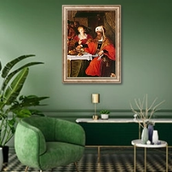 «Herod and Herodias at the Feast of Herod» в интерьере гостиной в зеленых тонах