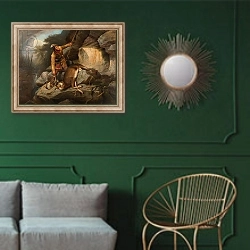 «The Hunter's Dilemma, 1851» в интерьере классической гостиной с зеленой стеной над диваном