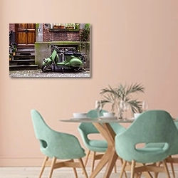 «Зеленый скутер у старого крыльца» в интерьере современной столовой в пастельных тонах