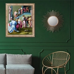 «Фараон со своими мясником и пекарем» в интерьере классической гостиной с зеленой стеной над диваном
