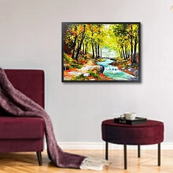 «Река в осеннем лесу 4» в интерьере гостиной в бордовых тонах