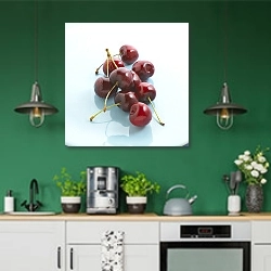 «Спелые вишни на тарелке» в интерьере кухни с зелеными стенами