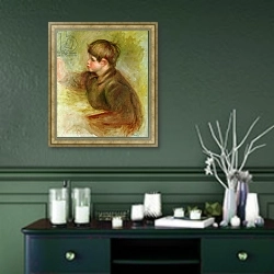 «Portrait of Coco painting, c.1910-12» в интерьере прихожей в зеленых тонах над комодом