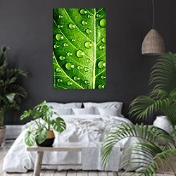«Зеленый лист с каплями воды 3» в интерьере современной спальни с черными стенами