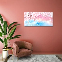 «Розовые весенние цветы вишни над водой» в интерьере современной гостиной в розовых тонах