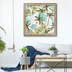 «Летний тропический узор с пальмами» в интерьере гостиной в скандинавском стиле над диваном