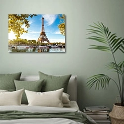 «Париж, Эйфелева башня» в интерьере современной спальни в зеленых тонах