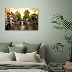 «Амстердам, каналы» в интерьере современной спальни в зеленых тонах