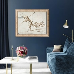«Man hunting with a pointed staff and a hound» в интерьере в классическом стиле в синих тонах