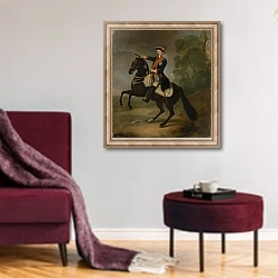 «Kurt Christoph Graf von Schwerin on horseback, 1750» в интерьере гостиной в бордовых тонах