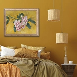 «Нежный цветок пиона на желтом фоне» в интерьере спальни  в этническом стиле в желтых тонах