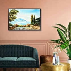 «Горы на берегу моря» в интерьере классической гостиной над диваном