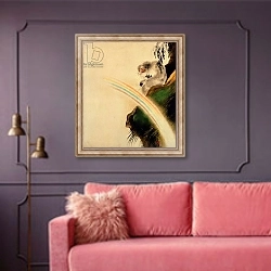 «Gibbon seated on a rock with rainbow in foreground» в интерьере гостиной с розовым диваном