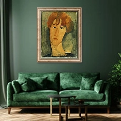«Young Woman with Red Hair Wearing a Collar» в интерьере зеленой гостиной над диваном