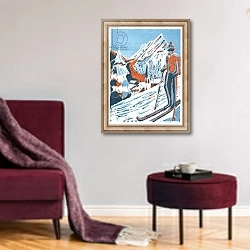 «Ski, 2015, linoprint» в интерьере гостиной в бордовых тонах