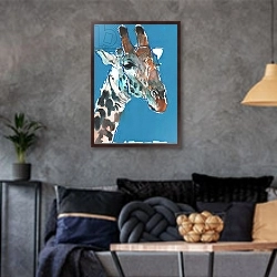 «Bull Masai Giraffe, 2018,» в интерьере гостиной в стиле лофт в серых тонах