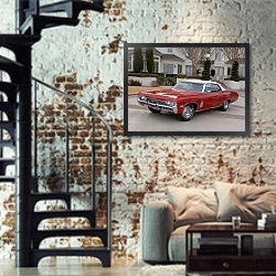 «Chevrolet Impala SS 427 Convertible '1968» в интерьере двухярусной гостиной в стиле лофт с кирпичной стеной