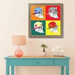 «Портрет кошки в очках и кепке» в интерьере в стиле поп-арт над голубым столиком