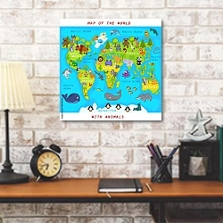«Детская карта мира с животными №6» в интерьере кабинета в стиле лофт над столом